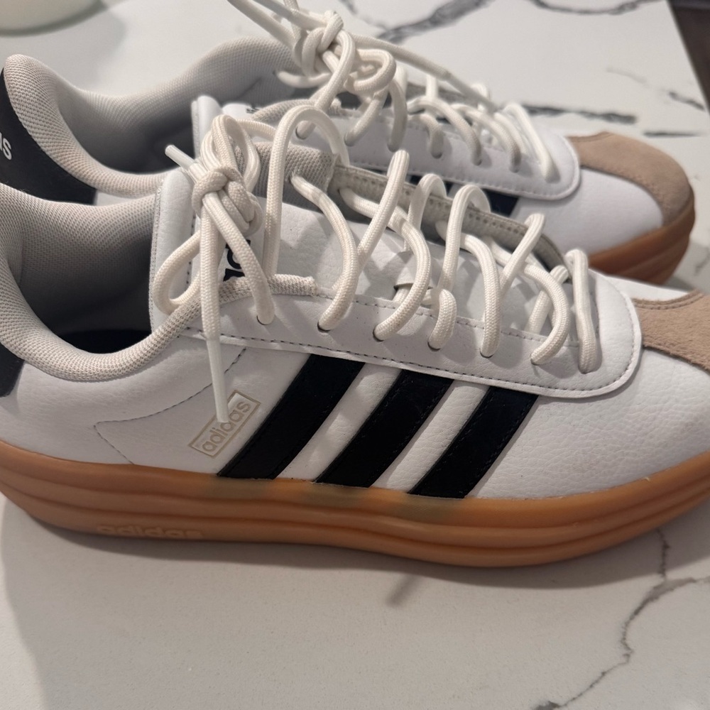 Adidas White and Black Sneakers with Tan Sole